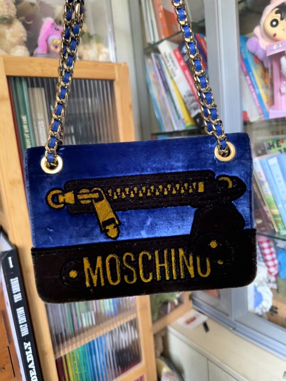 Moschino Blue Velvet Convertible Chain Shoulder Bag Logo
